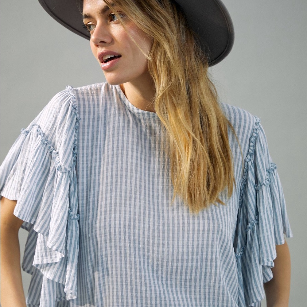 Anthropologie Blue Striped Ruffle Sleeve Top